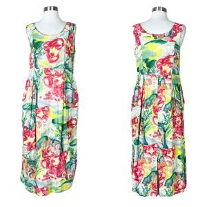 Jams World | Hawaiian Floral Abstract Print Green Red Sleeveless Midi Dress S